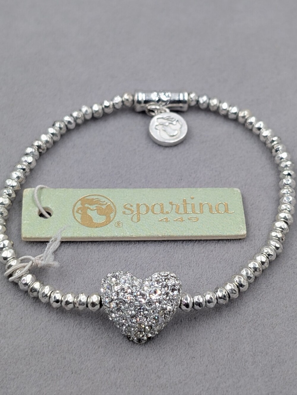 NWT Spartina 449 3mm Silver Crystal Pave Heart Stretch Bracelet M107